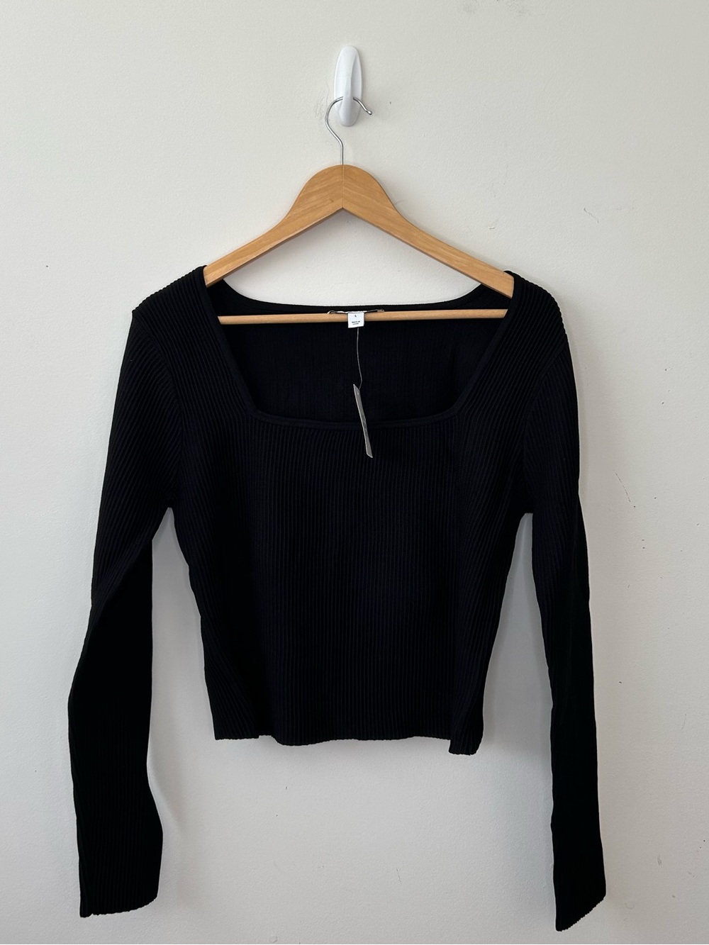 And Now This Black Rib Knit Square Neck Long Sleeve Crop Sweater Top Size Large